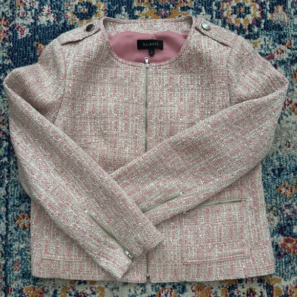 Talbots Blazer Pink Tweed Jackie Moto Full Zip Jacket Office Core Size 12 - Picture 4 of 9